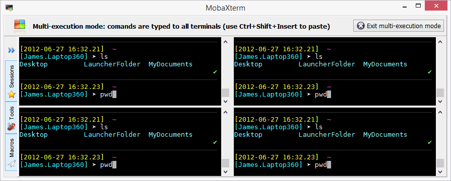 Four local terminals receiving the same typed command in Multi-execution