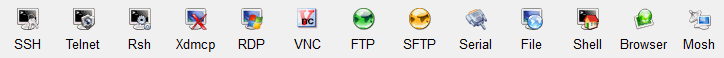 Protocol icons for SSH, Telnet, XDMCP, RDP, VNC, FTP, SFTP, Serial and Mosh