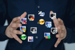 Hands arranging protocol icons for the MobaXterm network toolbox