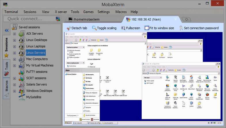 RDP tab with a remote Windows desktop and detach plus fullscreen controls