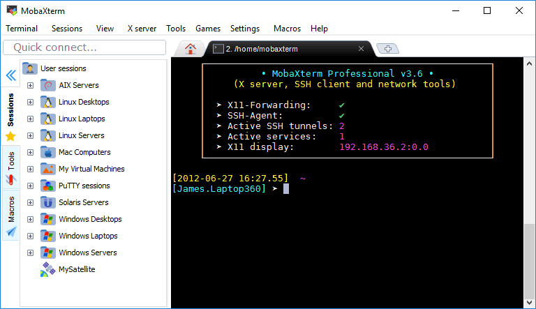 Saved session tree beside Home status for X11-forwarding, SSH-agent and tunnels